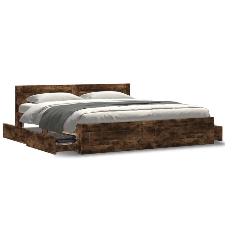 Bedframe Met Hoofdeinde Bewerkt Hout 200 x 200 cm Gerookt eiken
