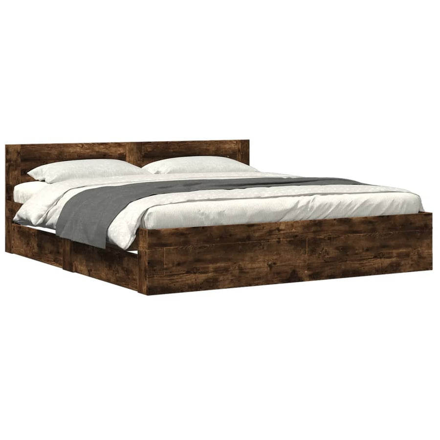 Bedframe Met Hoofdeinde Bewerkt Hout 180 x 200 cm Gerookt eiken