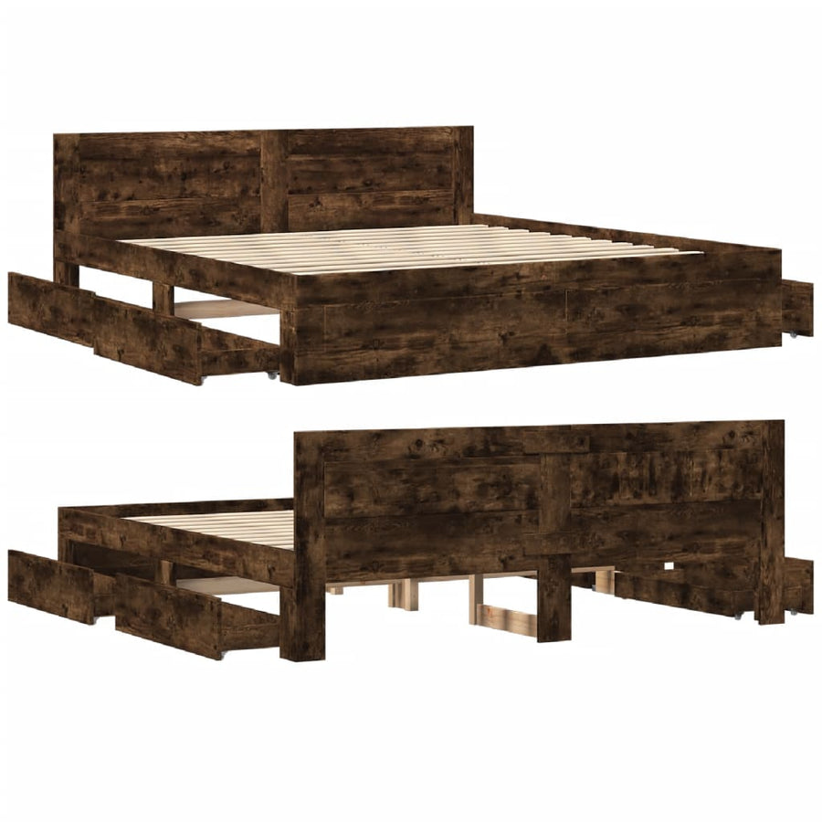 Bedframe Met Hoofdeinde Bewerkt Hout 180 x 200 cm Gerookt eiken