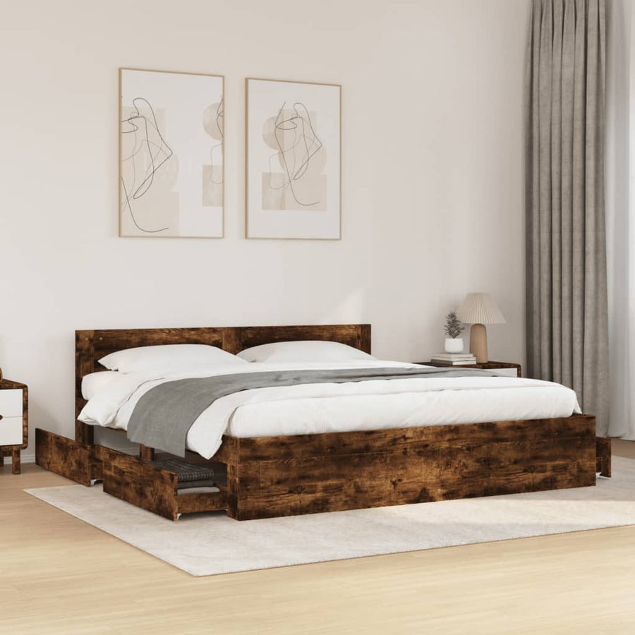 Bedframe Met Hoofdeinde Bewerkt Hout 180 x 200 cm Gerookt eiken