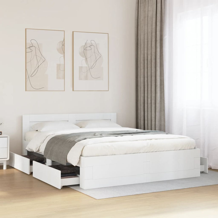 Bedframe met hoofdbord bewerkt hout wit 160x200 cm