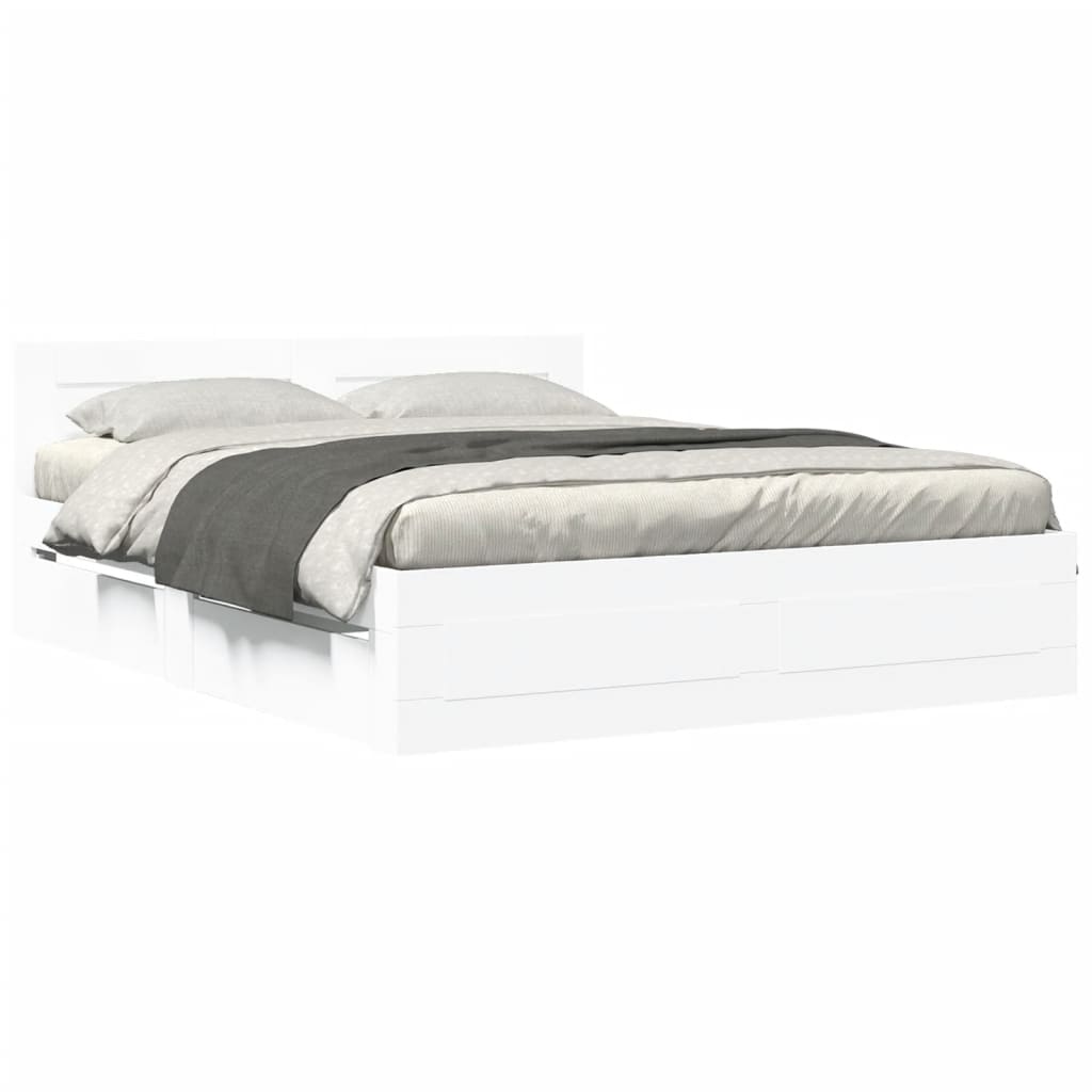 Bedframe met hoofdbord bewerkt hout wit 160x200 cm