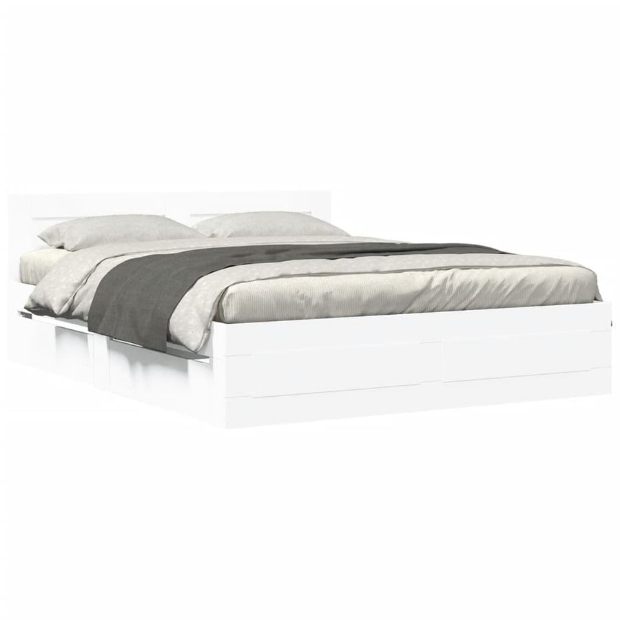 Bedframe met hoofdbord bewerkt hout wit 160x200 cm