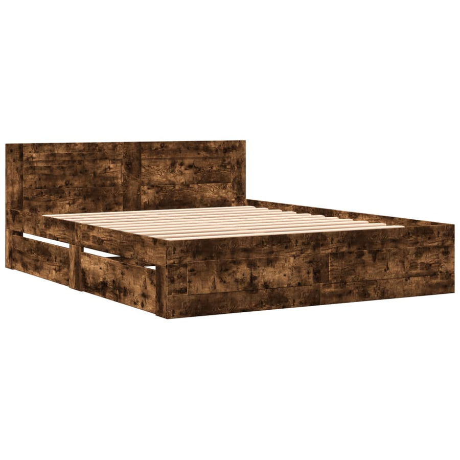 Bedframe met hoofdeinde bewerkt hout gerookt eiken 160x200 cm