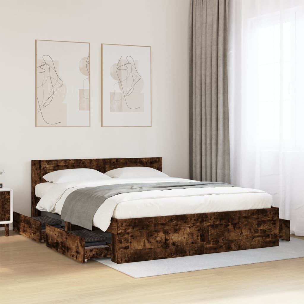 Bedframe met hoofdeinde bewerkt hout gerookt eiken 160x200 cm