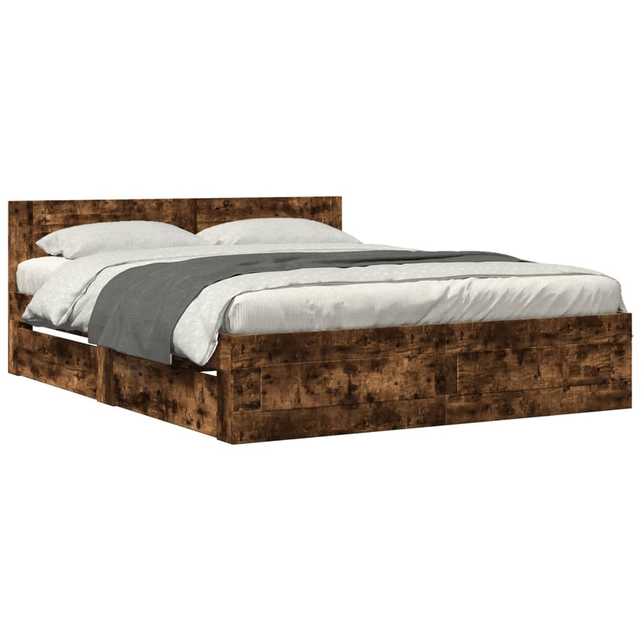 Bedframe met hoofdeinde bewerkt hout gerookt eiken 160x200 cm