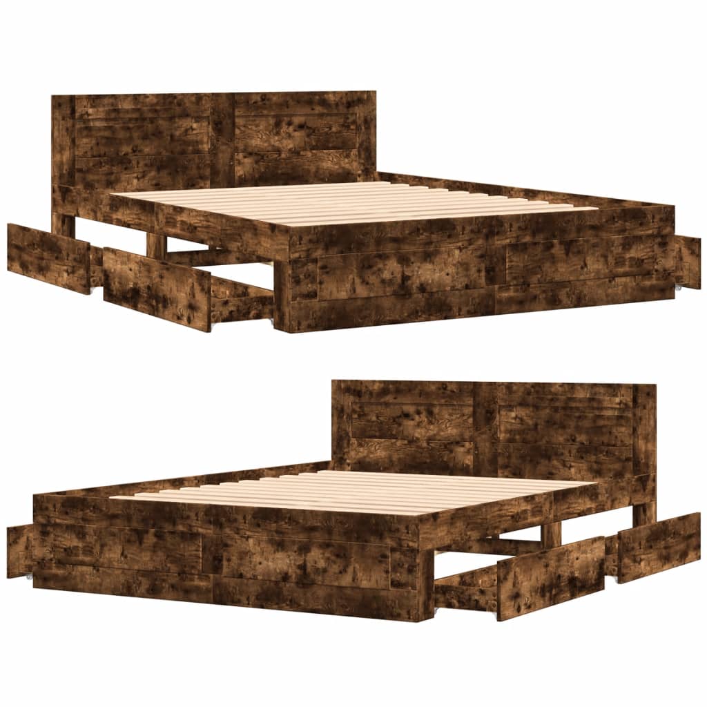 Bedframe met hoofdeinde bewerkt hout gerookt eiken 160x200 cm