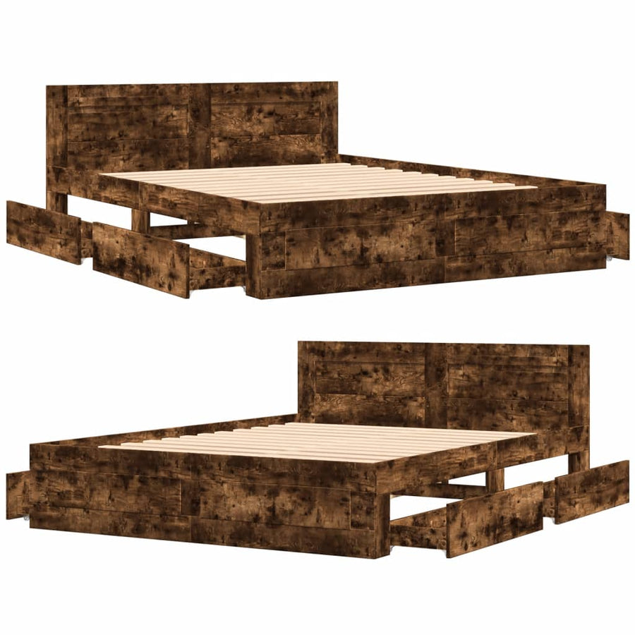 Bedframe met hoofdeinde bewerkt hout gerookt eiken 160x200 cm