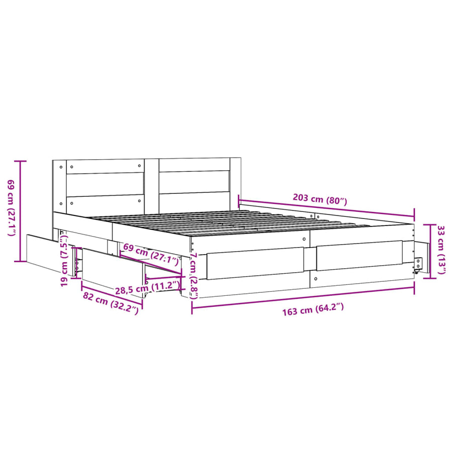 Bedframe met hoofdeinde bewerkt hout gerookt eiken 160x200 cm