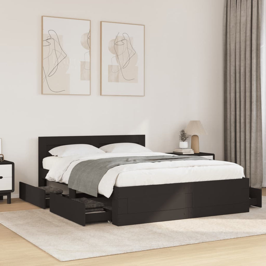 Bedframe met hoofdbord bewerkt hout zwart 140x200 cm