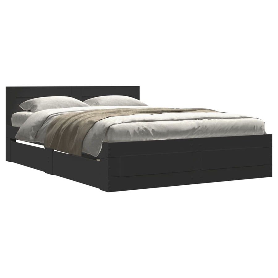 Bedframe met hoofdbord bewerkt hout zwart 140x200 cm