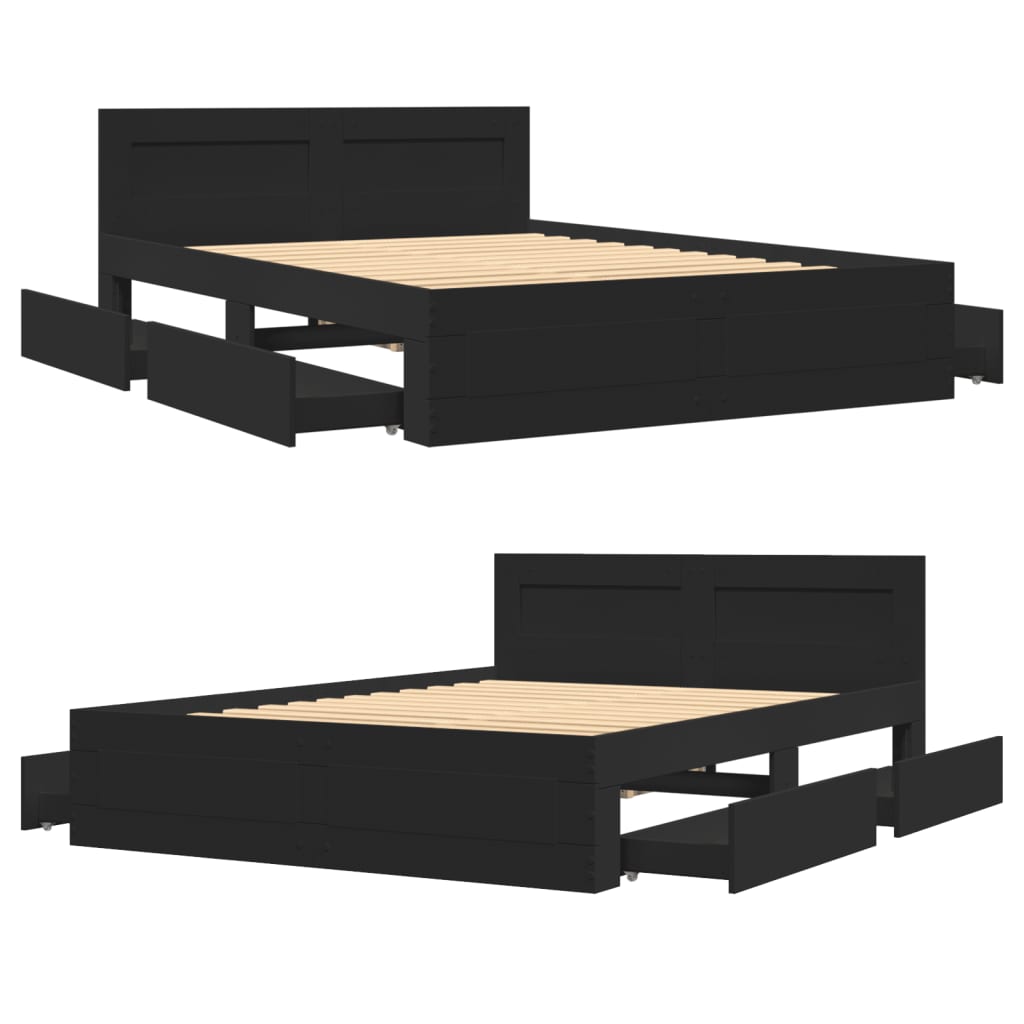 Bedframe met hoofdbord bewerkt hout zwart 140x200 cm
