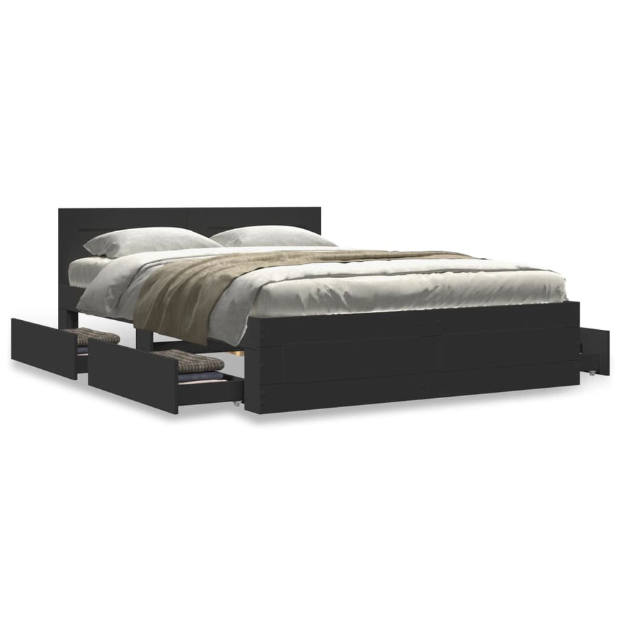 Bedframe met hoofdbord bewerkt hout zwart 140x200 cm