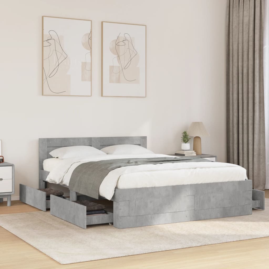 Bedframe met hoofdeinde bewerkt hout betongrijs 140x200 cm