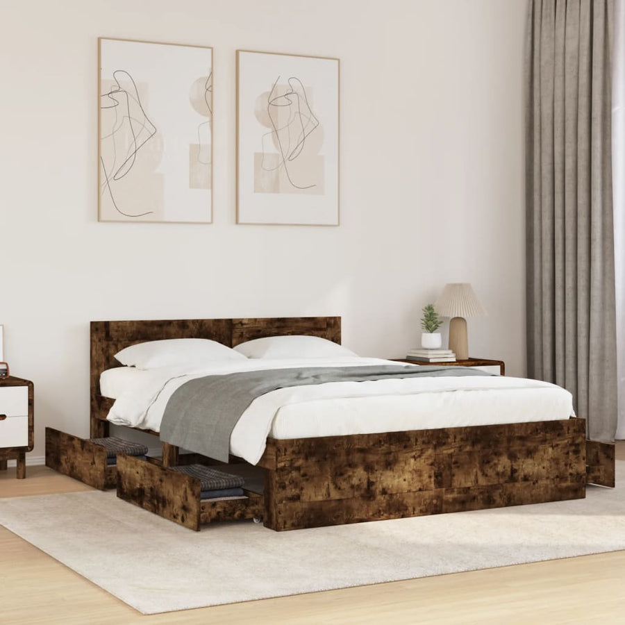 Bedframe met hoofdeinde bewerkt hout gerookt eiken 140x200 cm