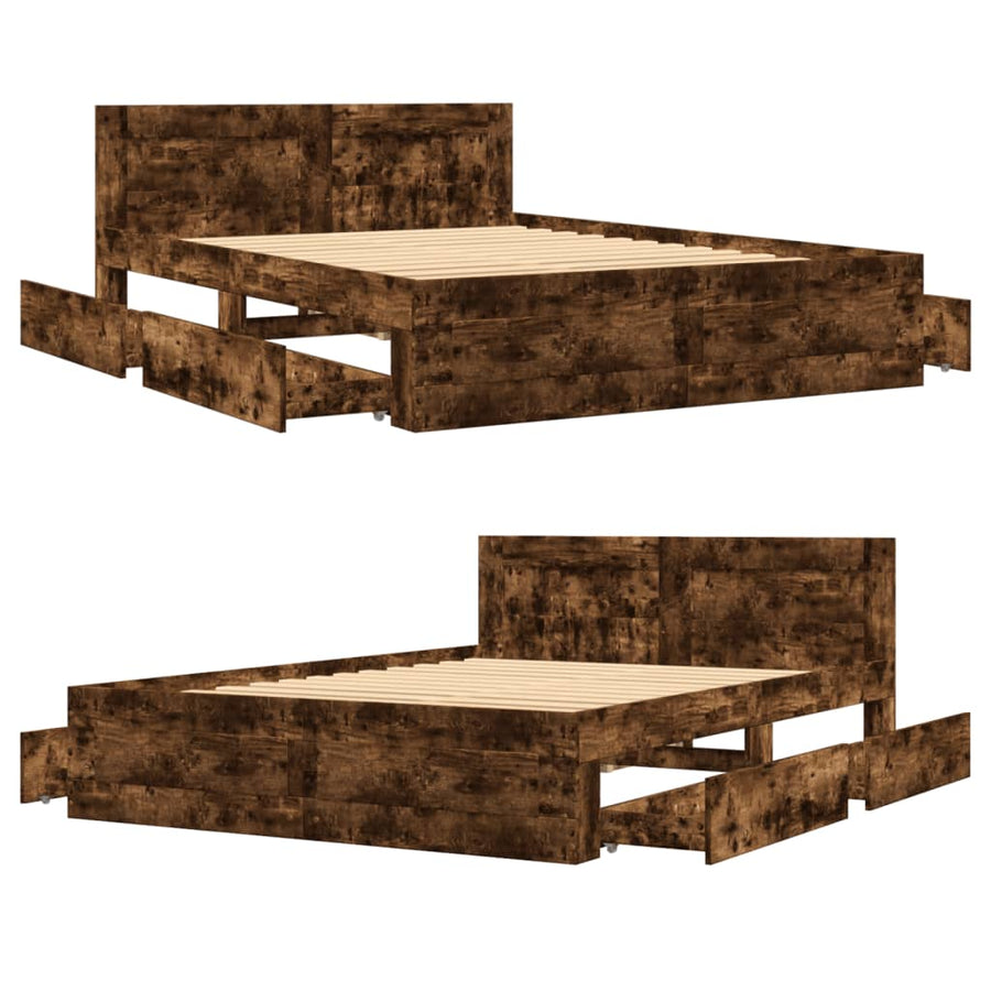 Bedframe met hoofdeinde bewerkt hout gerookt eiken 140x200 cm