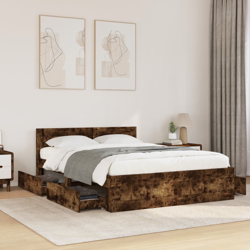 Bedframe met hoofdeinde bewerkt hout gerookt eiken 120x200 cm
