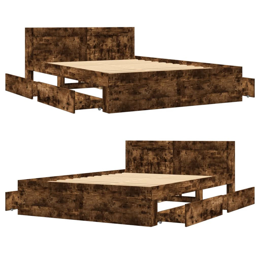 Bedframe met hoofdeinde bewerkt hout gerookt eiken 120x200 cm