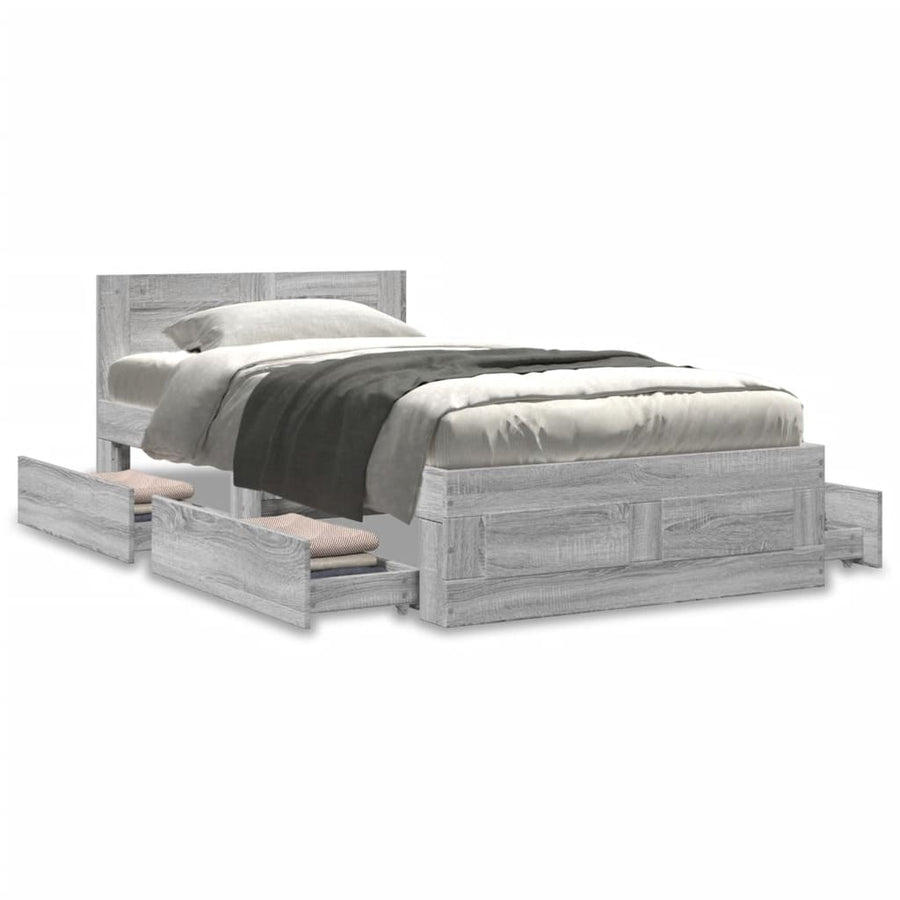 Bedframe met hoofdeinde bewerkt hout betongrijs 90x200 cm