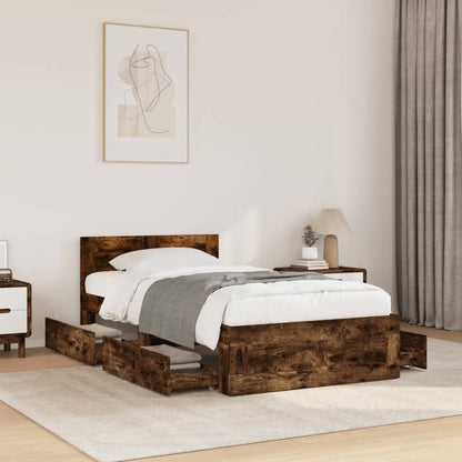 Bedframe met hoofdeinde bewerkt hout gerookt eiken 90x200 cm