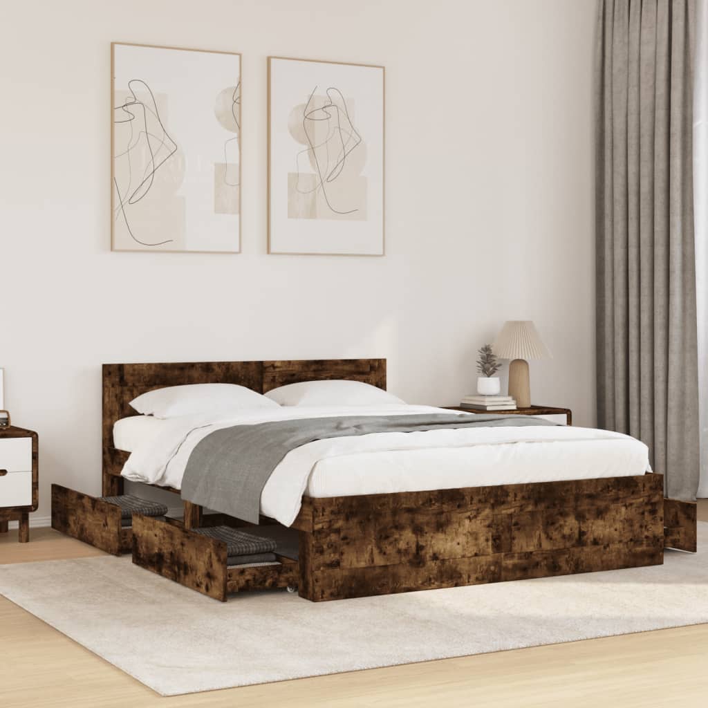 Bedframe met hoofdeinde bewerkt hout gerookt eiken 120x190 cm