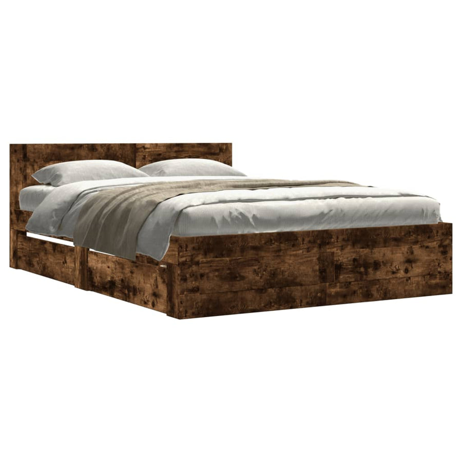 Bedframe met hoofdeinde bewerkt hout gerookt eiken 120x190 cm