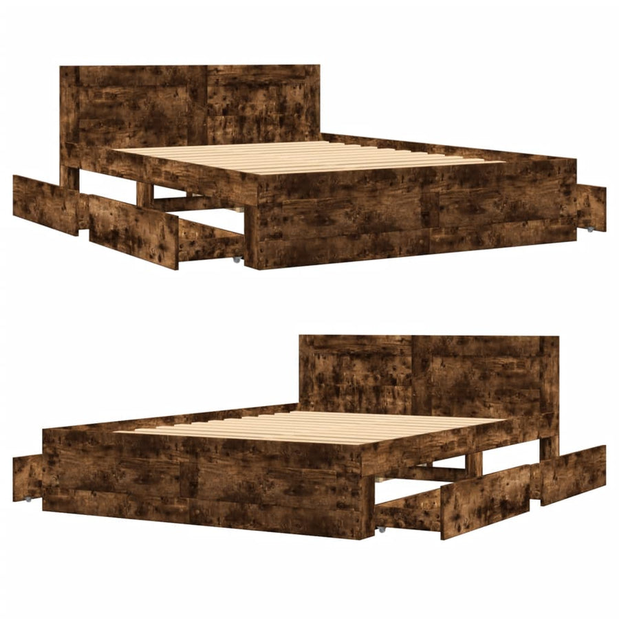 Bedframe met hoofdeinde bewerkt hout gerookt eiken 120x190 cm