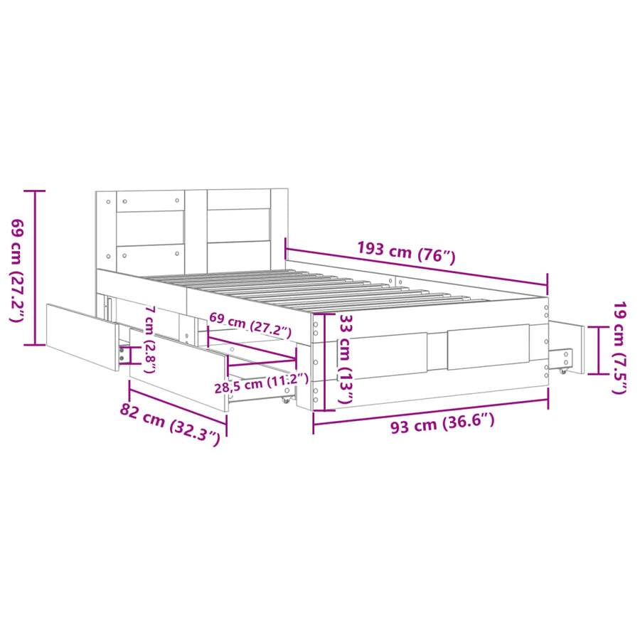 Bedframe Met Hoofdeinde Bewerkt Hout 90 x 190 cm