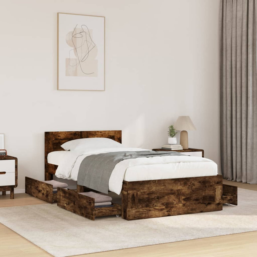 Bedframe met hoofdbord bewerkt hout gerookt eiken 75x190 cm