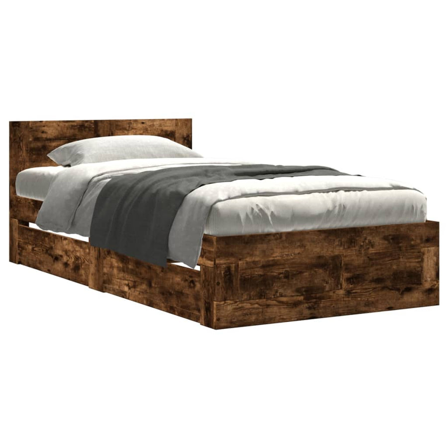 Bedframe met hoofdbord bewerkt hout gerookt eiken 75x190 cm