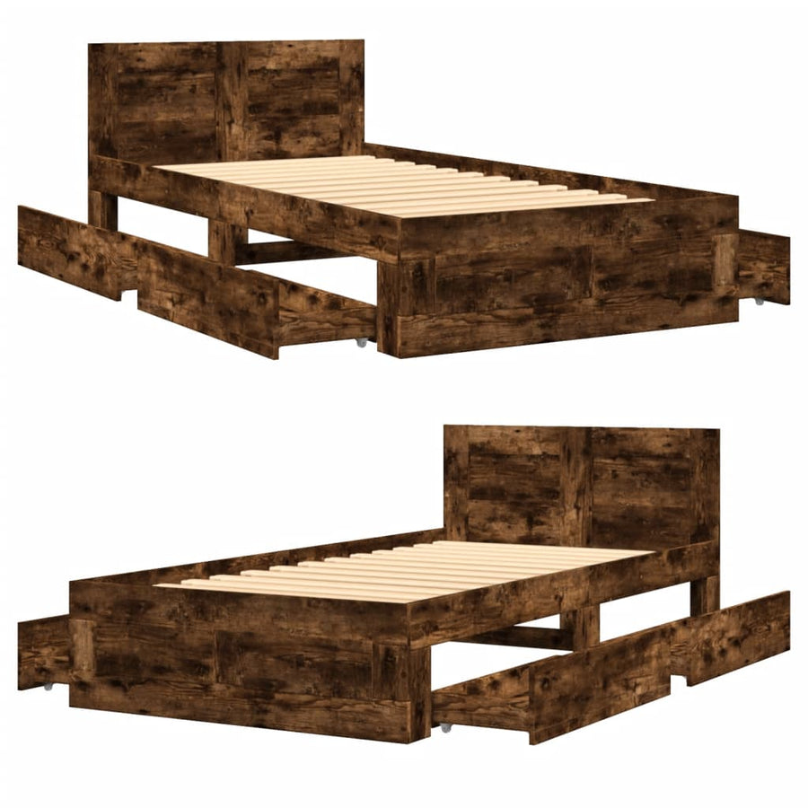 Bedframe met hoofdbord bewerkt hout gerookt eiken 75x190 cm