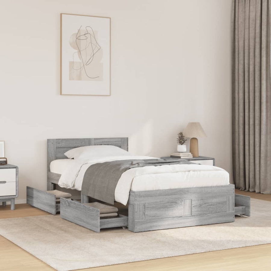 Bedframe met hoofdbord bewerkt hout grijs sonoma 75x190 cm