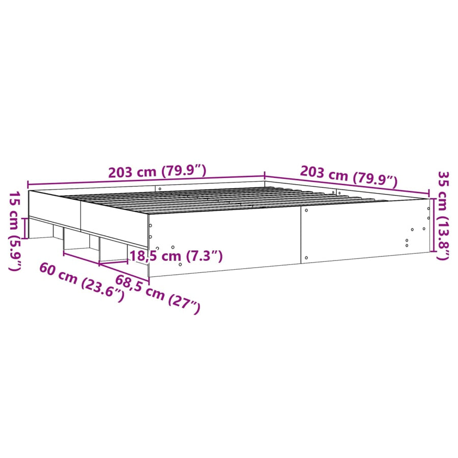 Bedframe massief hout wit 200x200 cm
