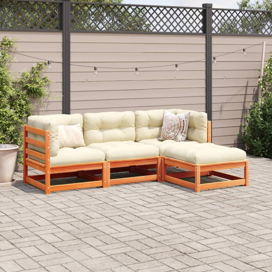 4-delige Loungeset met kussens massief grenenhout wasbruin