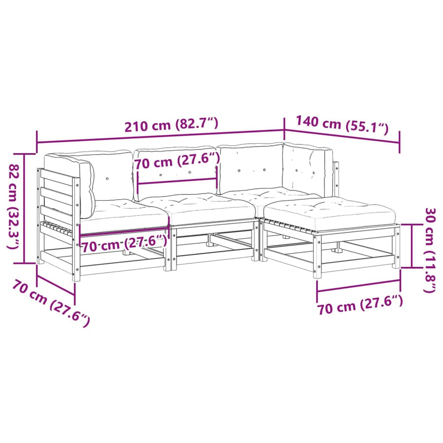 4-delige Loungeset met kussens massief grenenhout wasbruin