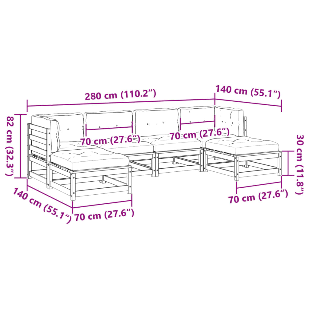 6-delige Loungeset met kussens massief grenenhout