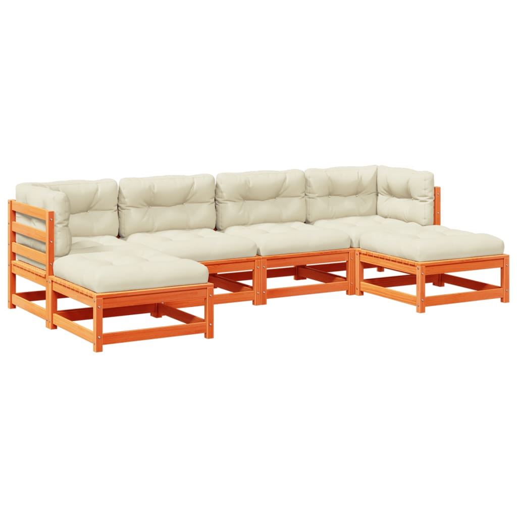 6-delige Loungeset met kussens massief grenenhout wasbruin