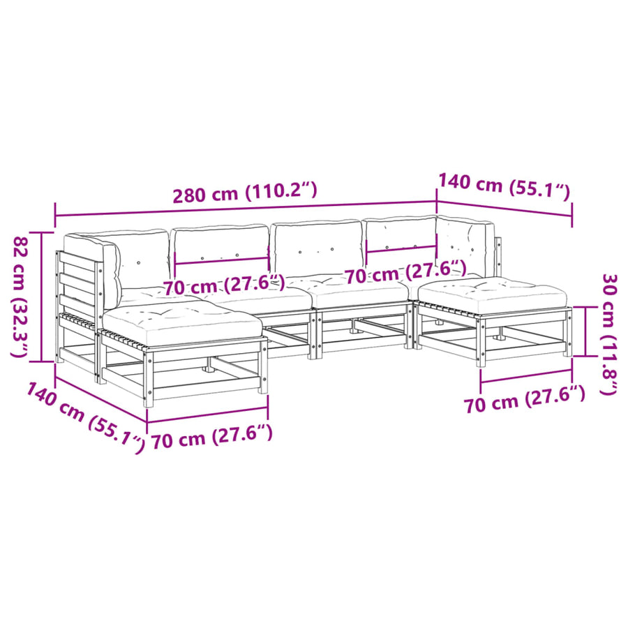 6-delige Loungeset met kussens massief grenenhout wasbruin