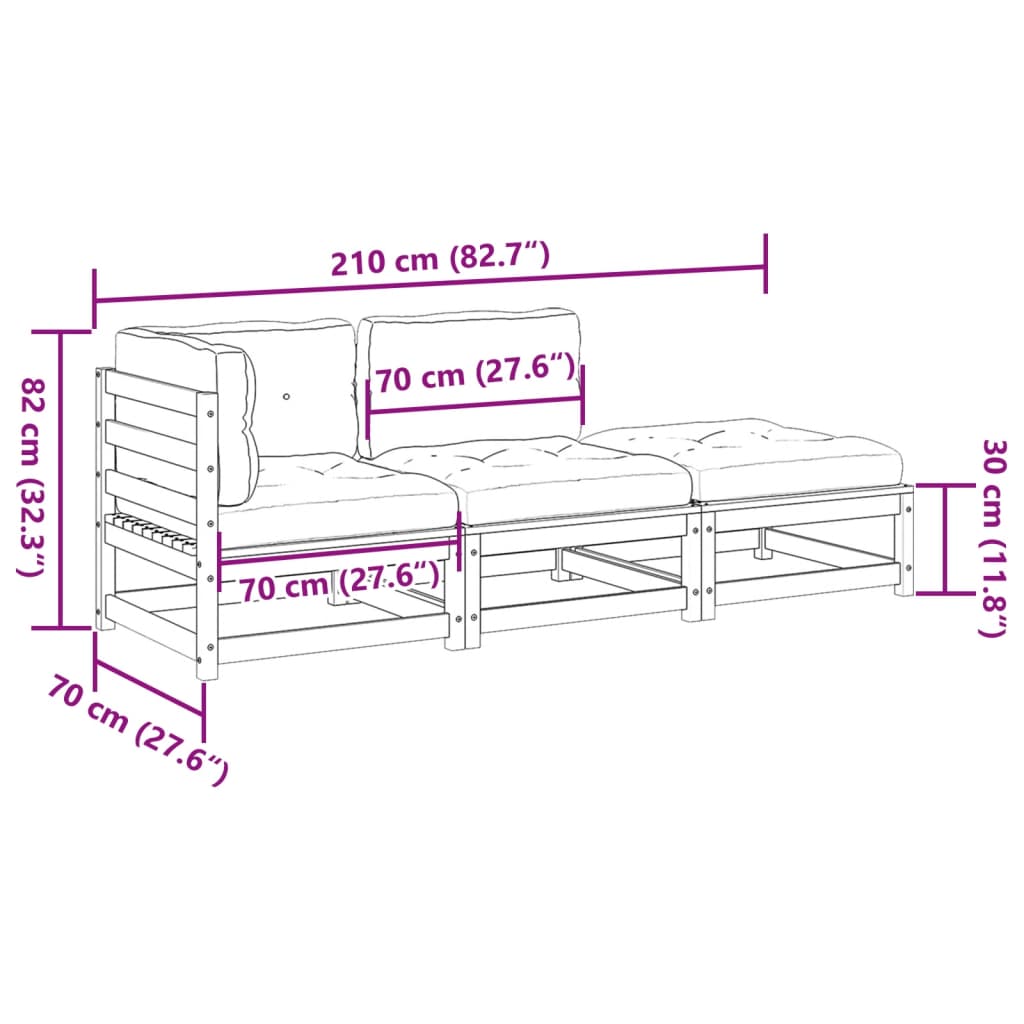 3-delige Loungeset met kussens massief grenenhout