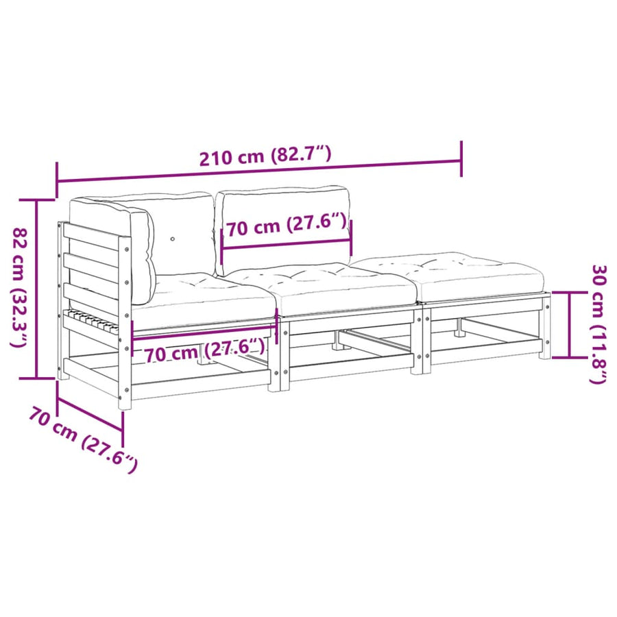 3-delige Loungeset met kussens massief grenenhout