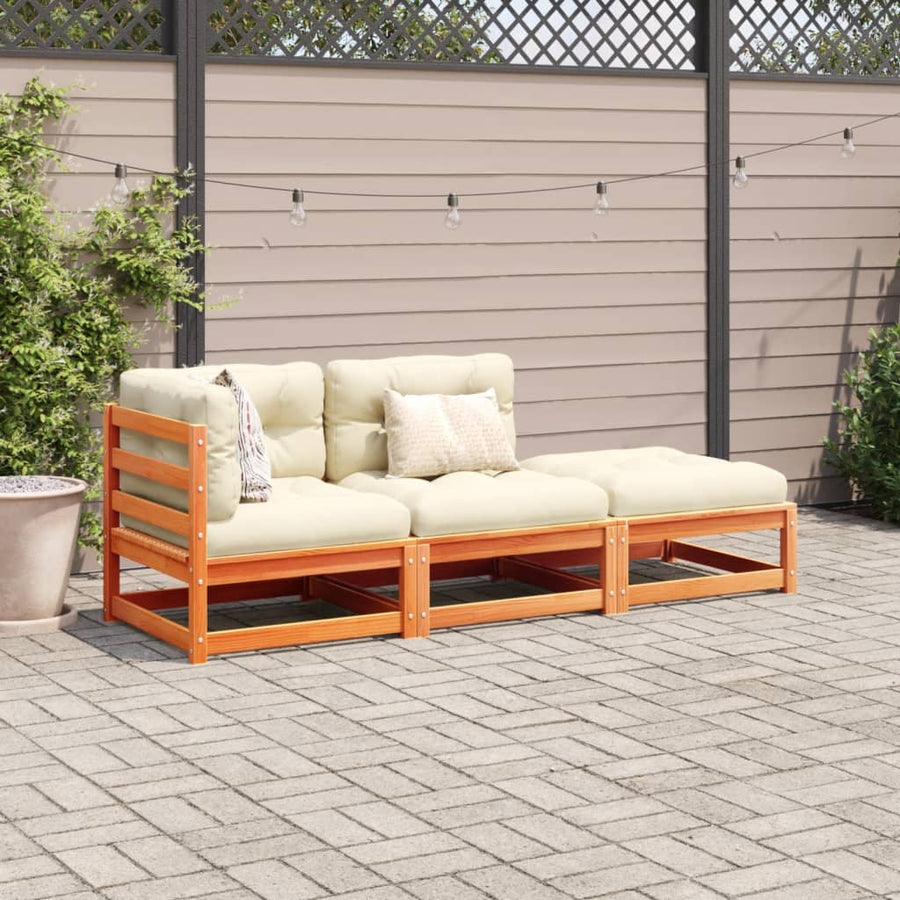 3-delige Loungeset met kussens massief grenenhout wasbruin
