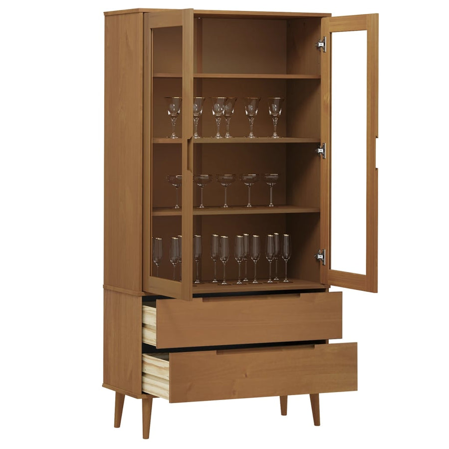 Vitrinekast MOLDE 90x35x175 cm massief grenenhout bruin