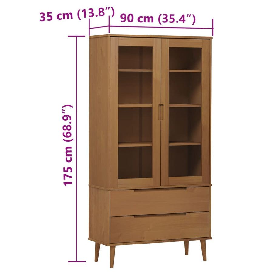 Vitrinekast MOLDE 90x35x175 cm massief grenenhout bruin