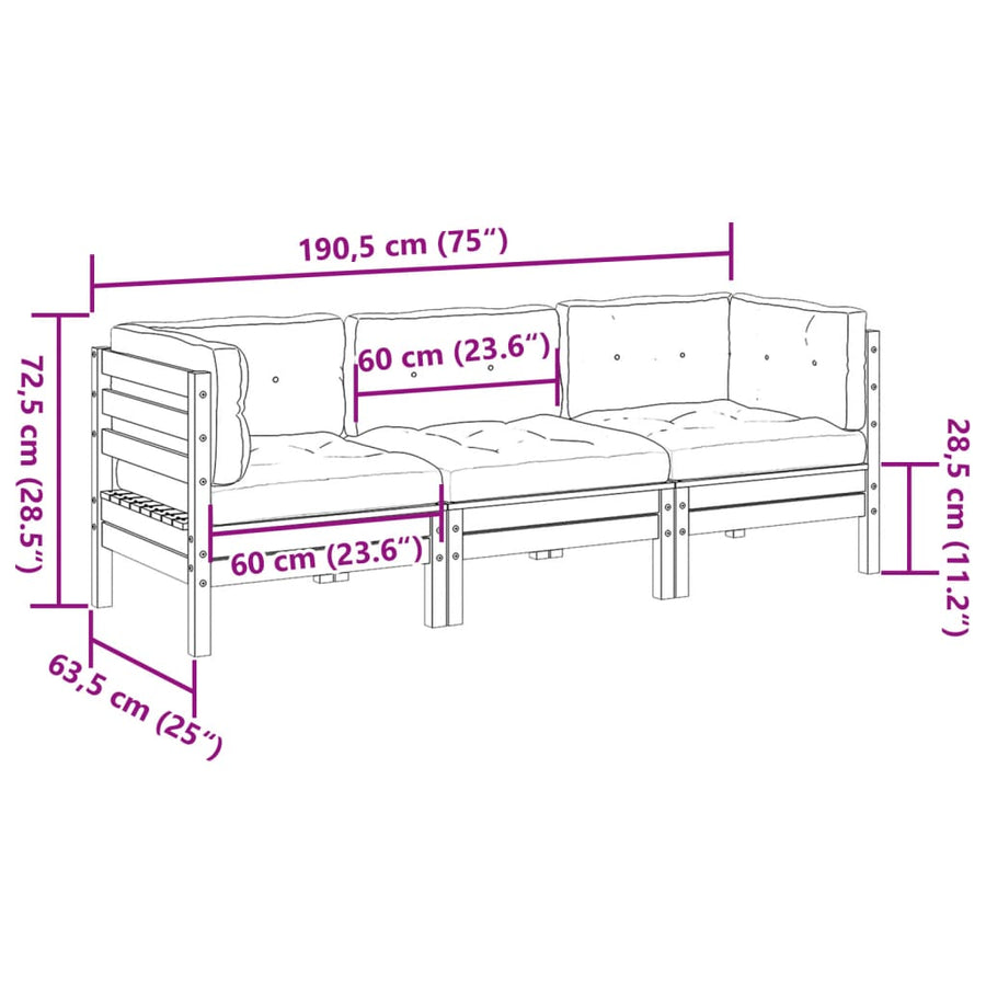 3-delige Loungeset met kussens massief douglas vurenhout