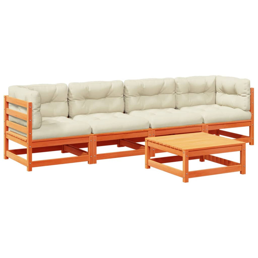5-delige Loungeset met kussens massief grenenhout wasbruin
