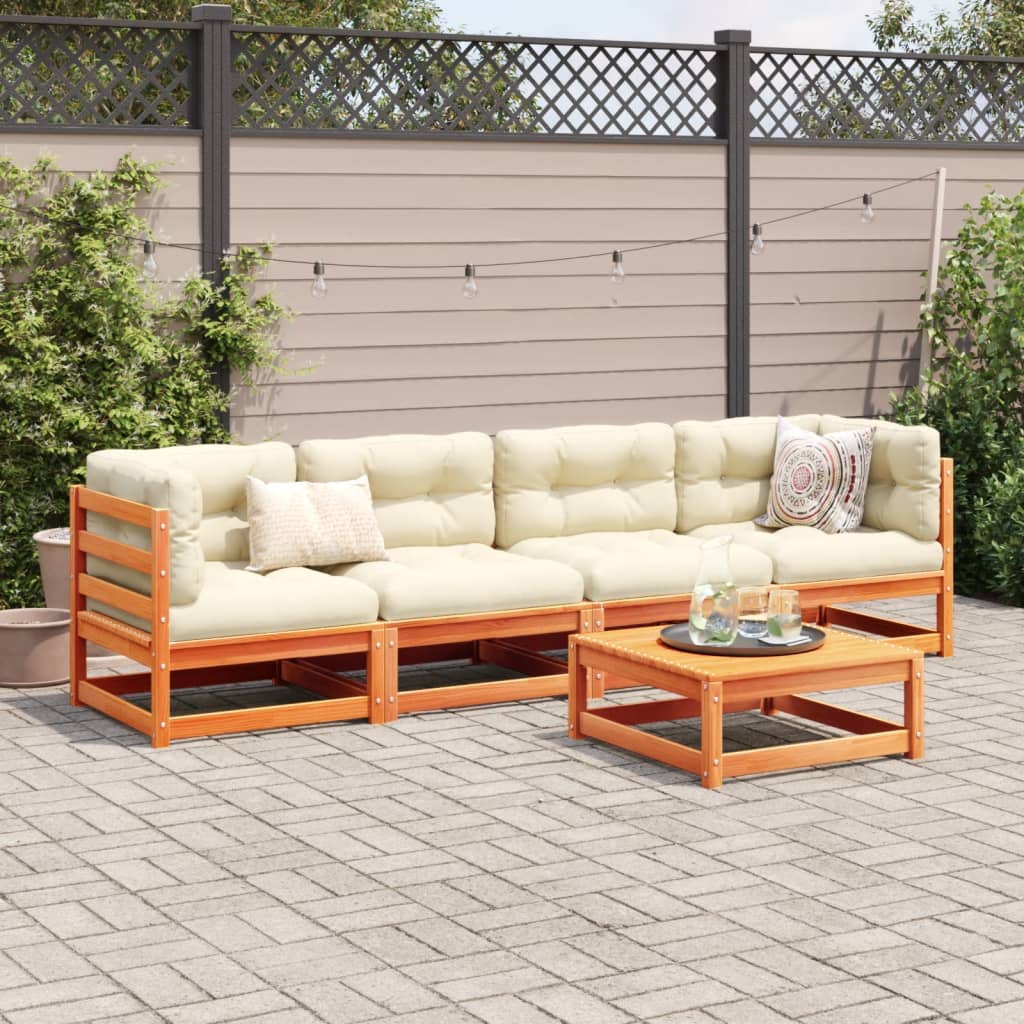 5-delige Loungeset met kussens massief grenenhout wasbruin