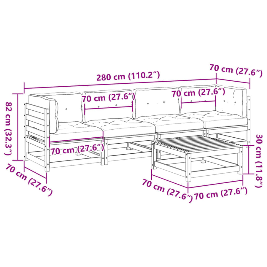 5-delige Loungeset met kussens massief grenenhout wasbruin