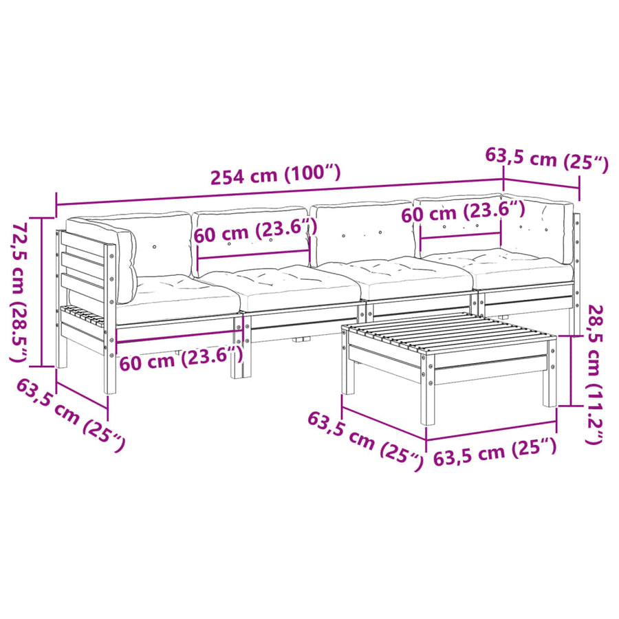 5-delige Loungeset met kussens massief douglas vurenhout