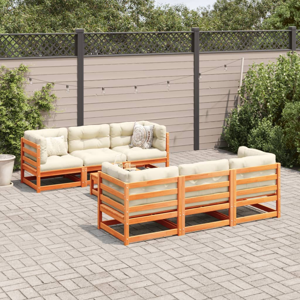 7-delige Loungeset met kussens massief grenenhout wasbruin