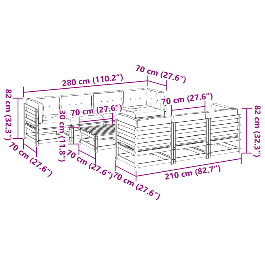 8-delige Loungeset met kussens massief douglas vurenhout